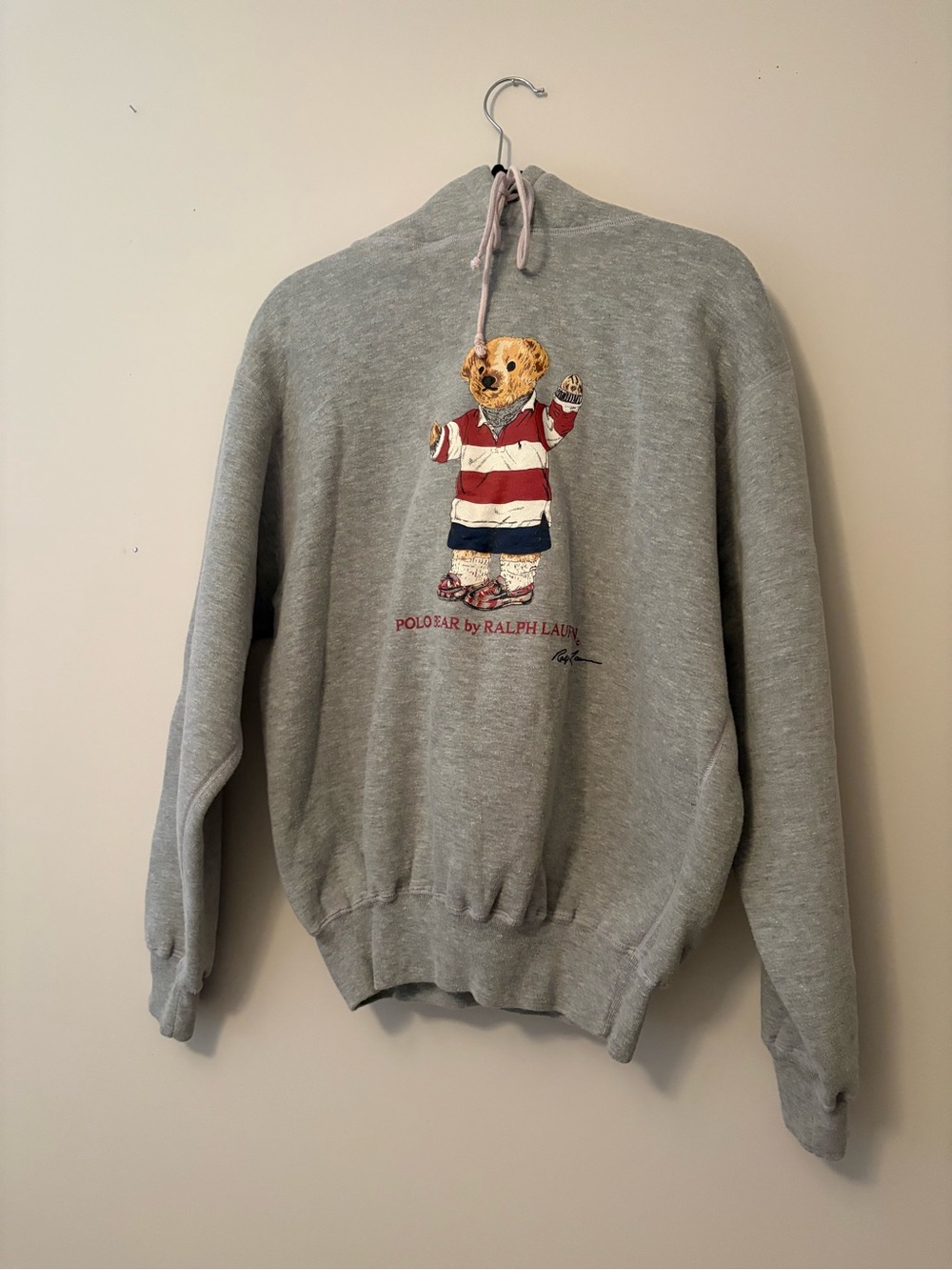 Vintage 90s Polo Ralph Lauren Rugby Polo Bear Heather Grey Hoodie — Size M